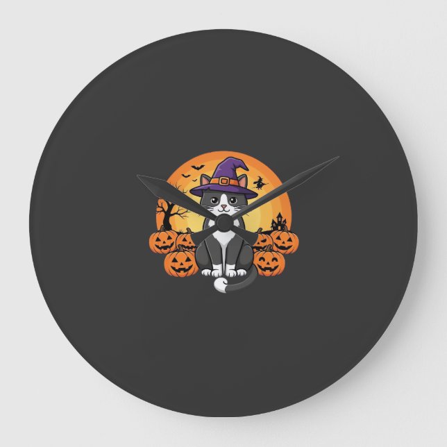 Halloween Witch Cat Pumpkin Moon Design_1 Large Clock (Front)