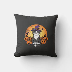 Halloween Witch Cat Pumpkin Moon Design_1 Throw Pillow