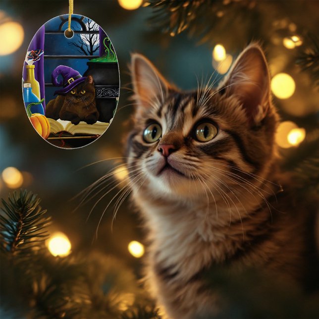 Halloween Witch Cat Purple Magic Ceramic Ornament (Creator Uploaded)