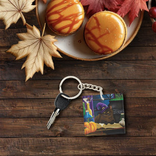 Halloween Witch Cat Purple Magic Keychain