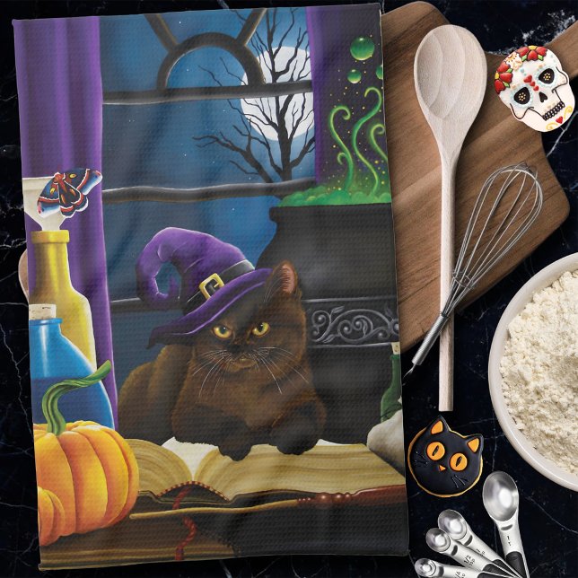 Halloween Witch Cat Purple Magic Kitchen Towel (Creator Uploaded)