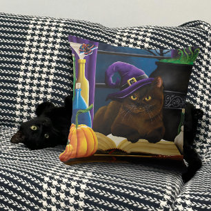 Halloween Witch Cat Purple Magic Throw Pillow