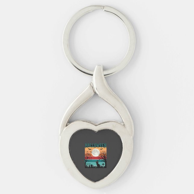 Halloween Witch Cat Spider Web Moon Graveyard_1_1 Keychain (Front)