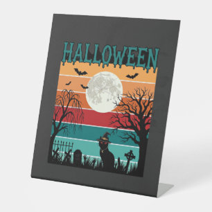 Halloween Witch Cat Spider Web Moon Graveyard_1_1 Pedestal Sign