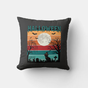 Halloween Witch Cat Spider Web Moon Graveyard_1_1 Throw Pillow