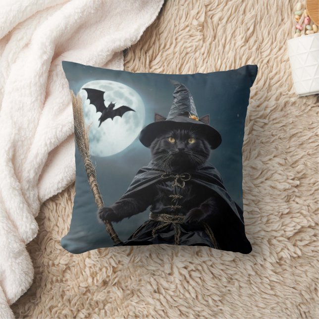Halloween Witch Cat Throw Pillow (Blanket)