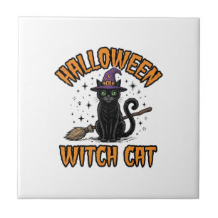 Halloween Witch Cat Vintage Engraving Design_1 Tile