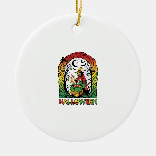 Halloween Witch Cauldron Brewing Black Cat Spooky  Ceramic Ornament (Front)
