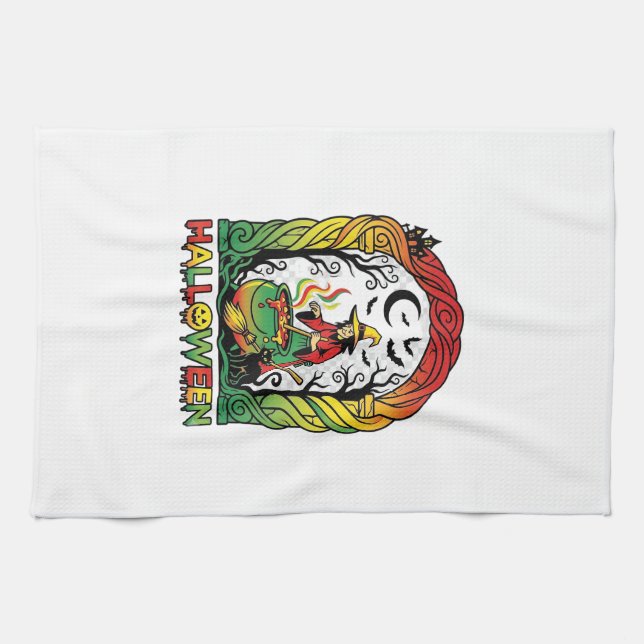 Halloween Witch Cauldron Brewing Black Cat Spooky  Kitchen Towel (Horizontal)