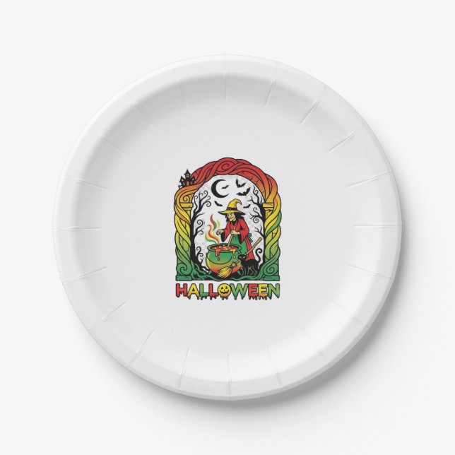 Halloween Witch Cauldron Brewing Black Cat Spooky  Paper Plate (Front)