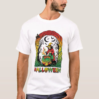 Halloween Witch Cauldron Brewing Black Cat Spooky T-Shirt