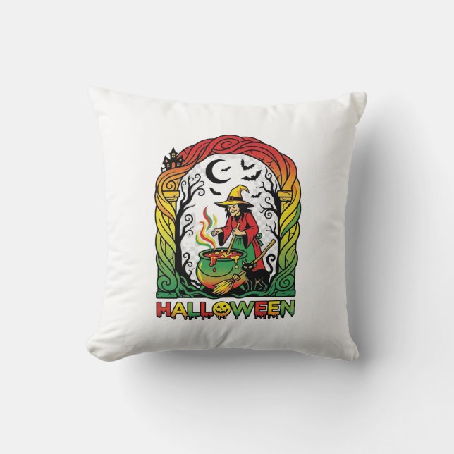 Halloween Witch Cauldron Brewing Black Cat Spooky  Throw Pillow (Front)