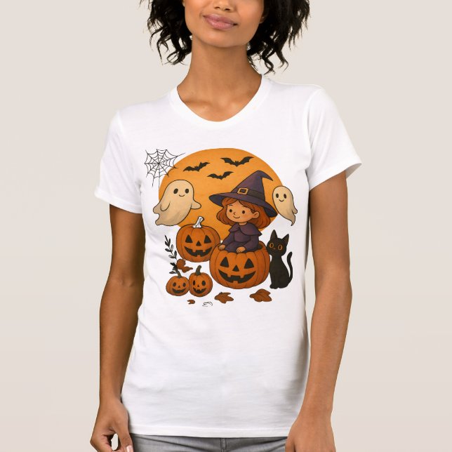 Halloween Witch Design with Ghosts, Pumpkins T-Shirt (Front)