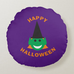Halloween Witch Face Fun Cute Smiling Happy Purple Round Pillow