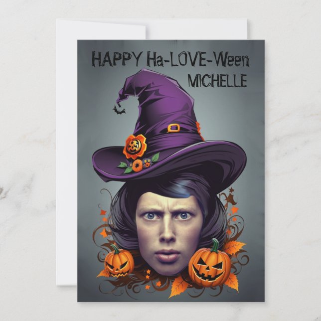 Halloween witch face in hole greetings invitation (Front)