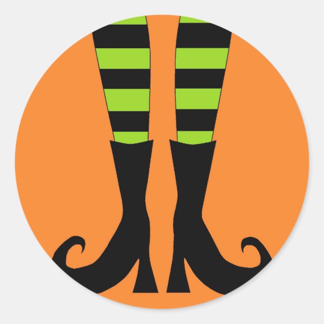 Halloween Witch Feet in Green Orange Background Classic Round Sticker (Front)