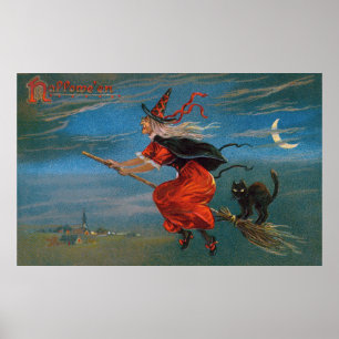 Halloween Witch Flying Black Cat at Night  Poster