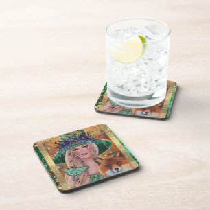 Halloween witch fox art by Renee Lavoie Coaster