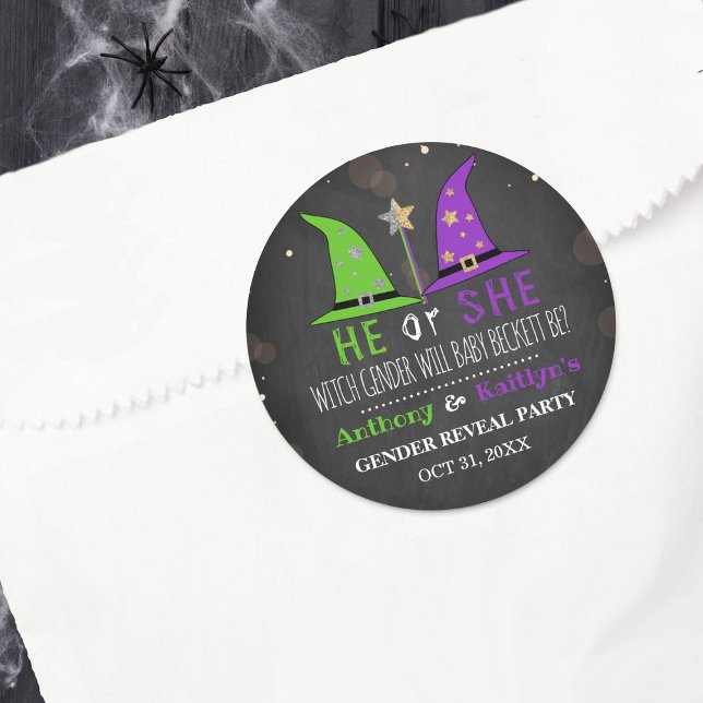 Halloween Witch Gender Reveal Party Classic Round Sticker (Creator Uploaded)