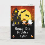 Halloween Witch Ghost Orange Happy Birthday Card<br><div class="desc">This fun and spooky birthday card can be personalized with a name or title, such as daughter, granddaughter, niece, friend etc. It features a cute witch and ghost beside a crooked haunted house. In the background is a full moon with bats and an orange night sky with stars. The text...</div>