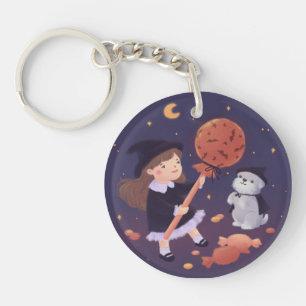 Halloween Witch Girl & Puppy Illustration Keychain