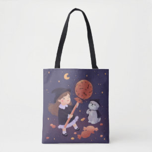 Halloween Witch Girl & Puppy Illustration Tote Bag