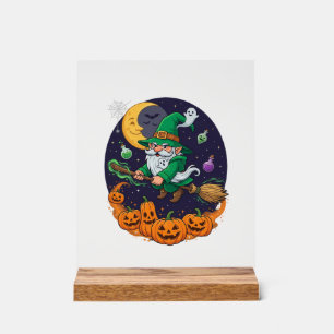 Halloween Witch Gnome Broomstick Pumpkins Moon Acrylic Sign