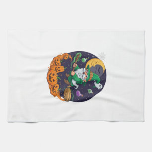 Halloween Witch Gnome Broomstick Pumpkins Moon Kitchen Towel