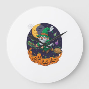 Halloween Witch Gnome Broomstick Pumpkins Moon Large Clock