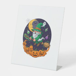 Halloween Witch Gnome Broomstick Pumpkins Moon Pedestal Sign