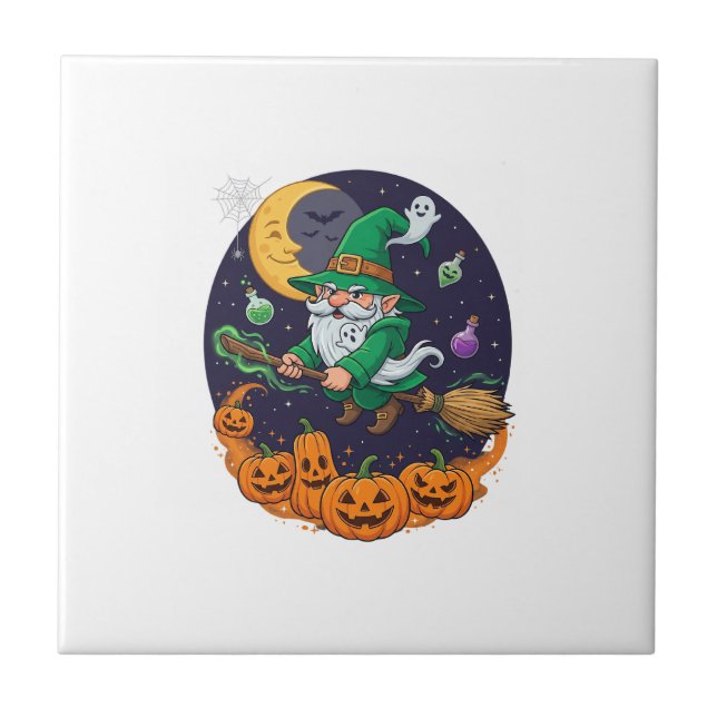Halloween Witch Gnome Broomstick Pumpkins Moon Tile (Front)
