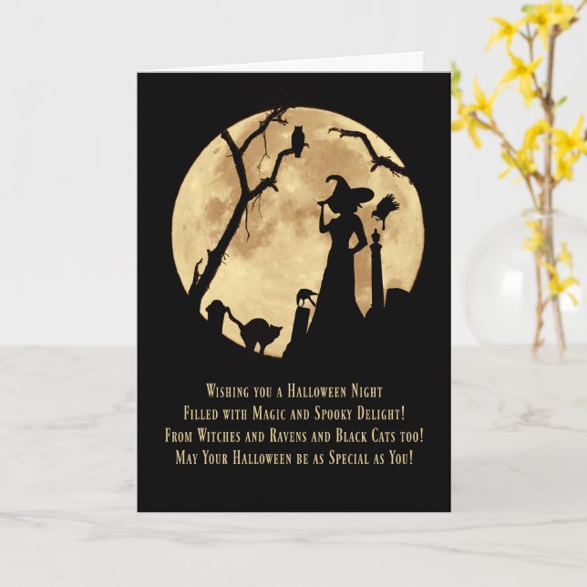 Halloween Witch Graveyard Owl Cat Ravens and Moon  Card (Yellow Flower)