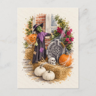 Halloween Witch Graveyard Watercolor Postcard