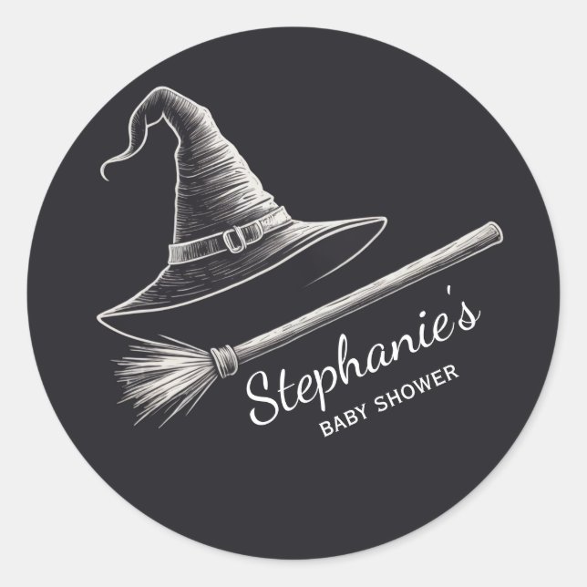 Halloween witch hat and broom baby shower black    classic round sticker (Front)