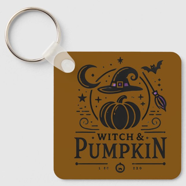 Halloween Witch Hat and Pumpkin Design Magic Art Keychain (Front)