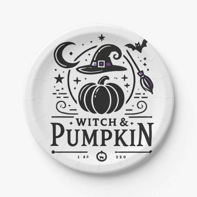 Halloween Witch Hat and Pumpkin Design Magic Art Paper Plate (Front)