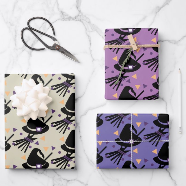 Halloween Witch Hat Broom Wrapping Paper Sheets (Front)