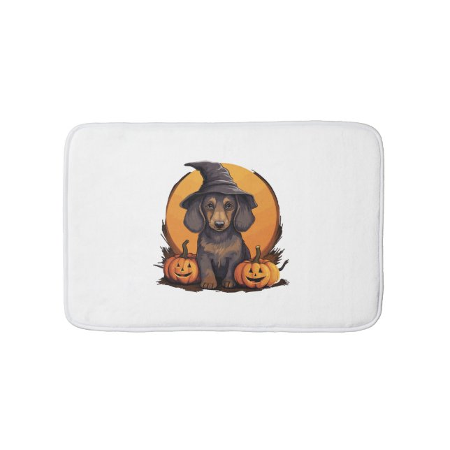 Halloween Witch Hat Pumpkin Dog Dachshund Bath Mat (Front)