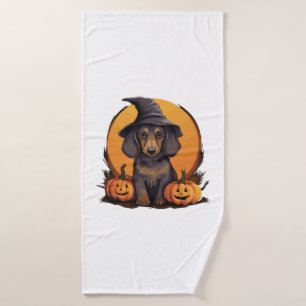Halloween Witch Hat Pumpkin Dog Dachshund Bath Towel
