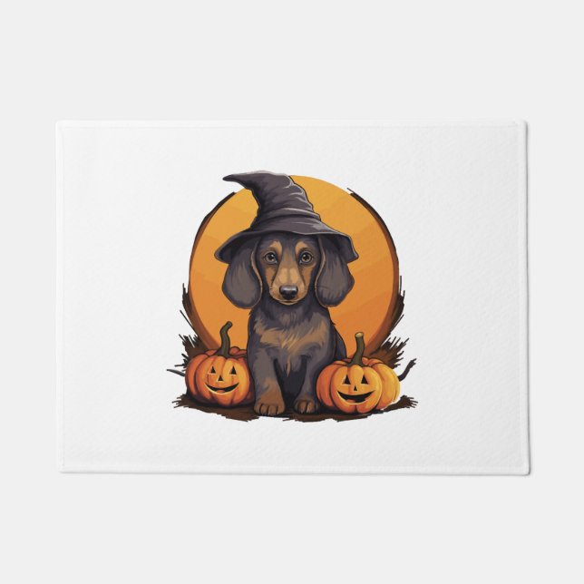 Halloween Witch Hat Pumpkin Dog Dachshund Doormat (Front)