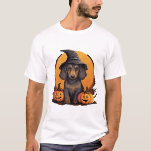 Halloween Witch Hat Pumpkin Dog Dachshund T-Shirt