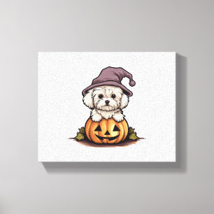 Halloween Witch Hat Pumpkin Dog Maltese Canvas Print