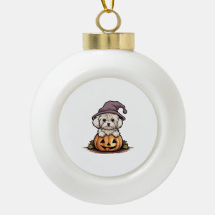 Halloween Witch Hat Pumpkin Dog Maltese Ceramic Ball Christmas Ornament