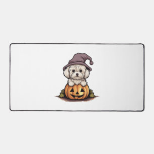 Halloween Witch Hat Pumpkin Dog Maltese Desk Mat