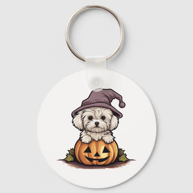 Halloween Witch Hat Pumpkin Dog Maltese Keychain (Front)