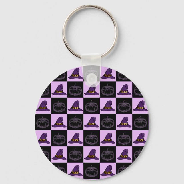 Halloween Witch Hat Pumpkin Face Spooky Pattern Keychain (Front)