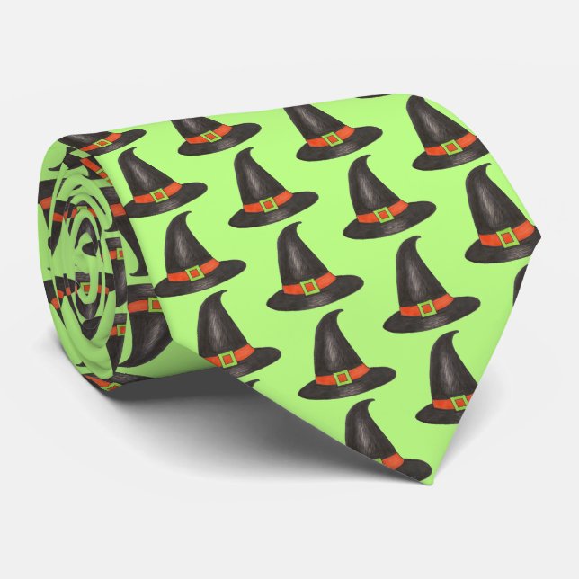 Halloween Witch Hat Trick or Treat Green Black Tie (Rolled)