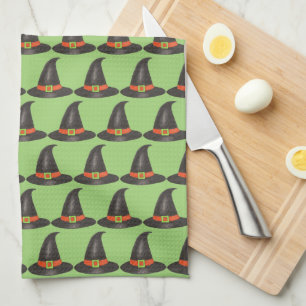 Halloween Witch Hat Trick or Treat Green Print Kitchen Towel