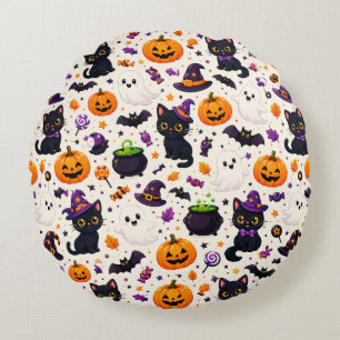 Halloween Witch Hats And Cats Pattern 🧙 Round Pillow