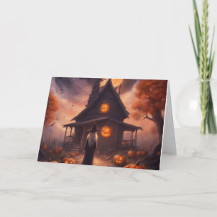 Halloween witch heading to her haunted house card